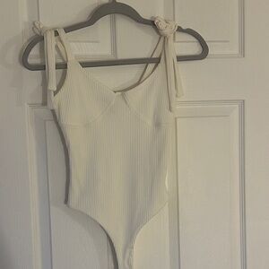 Forever 21 Ivory Ribbed Tie-Strap Bodysuit